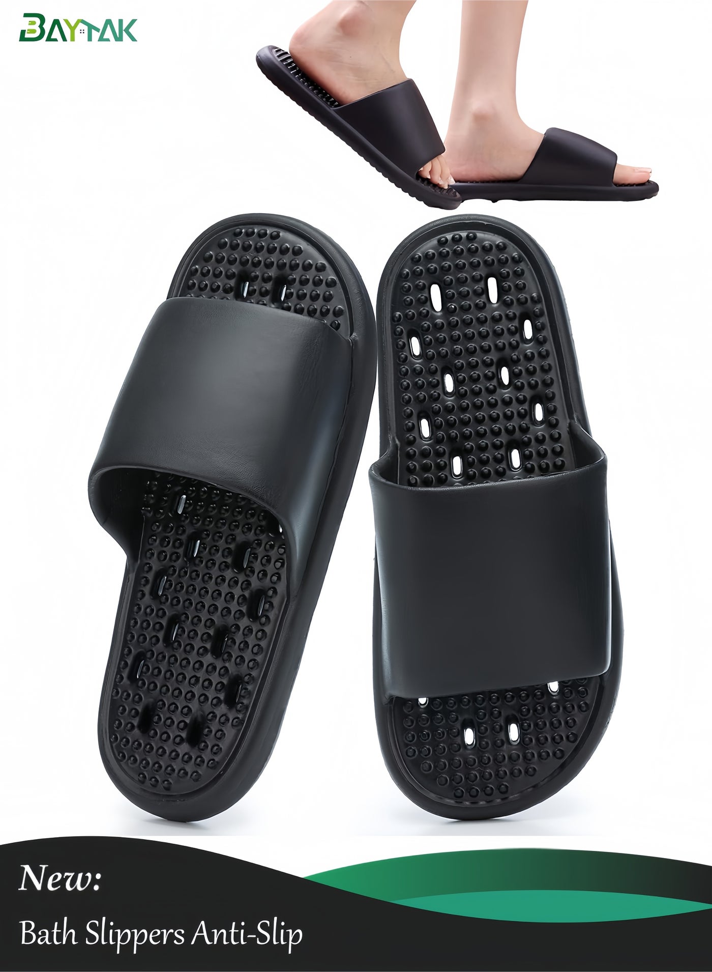 Home Slippers with Anti-Slip Grip, Bath Shoes for Quick Dry and Anti-Odor, Shower Slippers with Soft Thick Sole, Unisex, Black